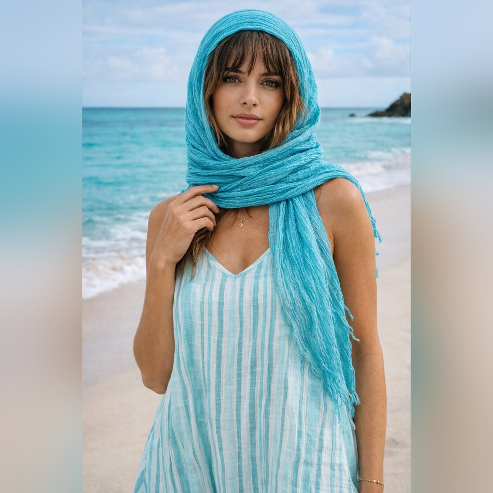 Turquoise Sheer Textured Scarf Wrap Shawl 72" Lightweight Beach Resort LayerLig